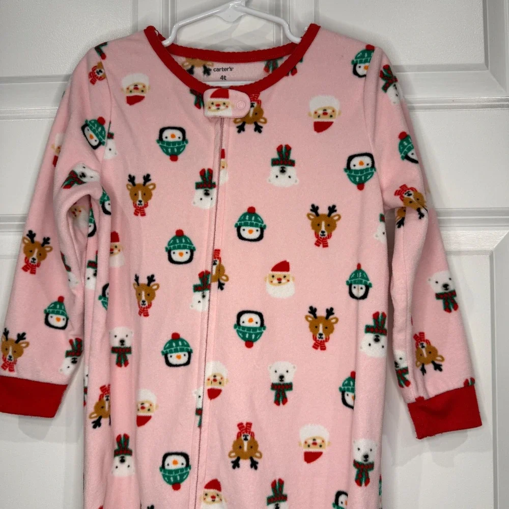 Carters Girls Pink Christmas Fleece Footed Pajamas Santa Reindeer‎ Size 4T